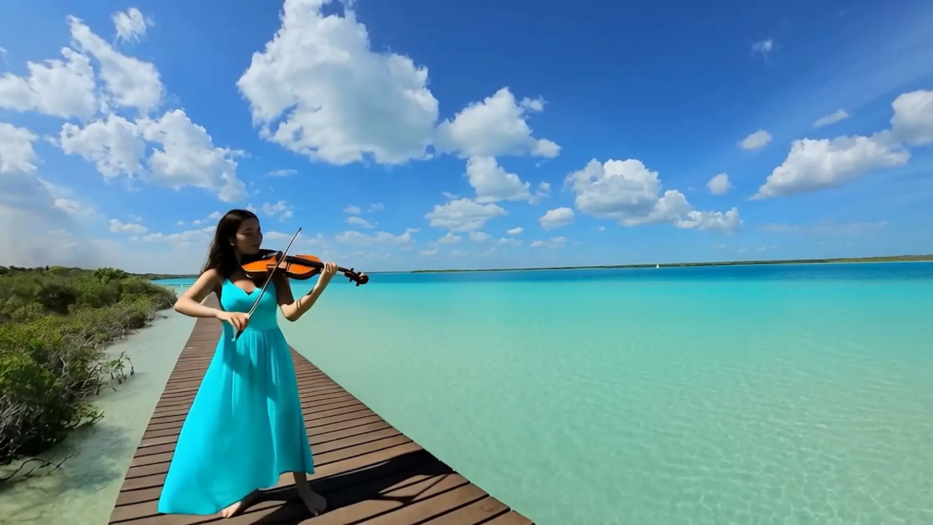 Violinista tocando sobre un muelle frente a la laguna